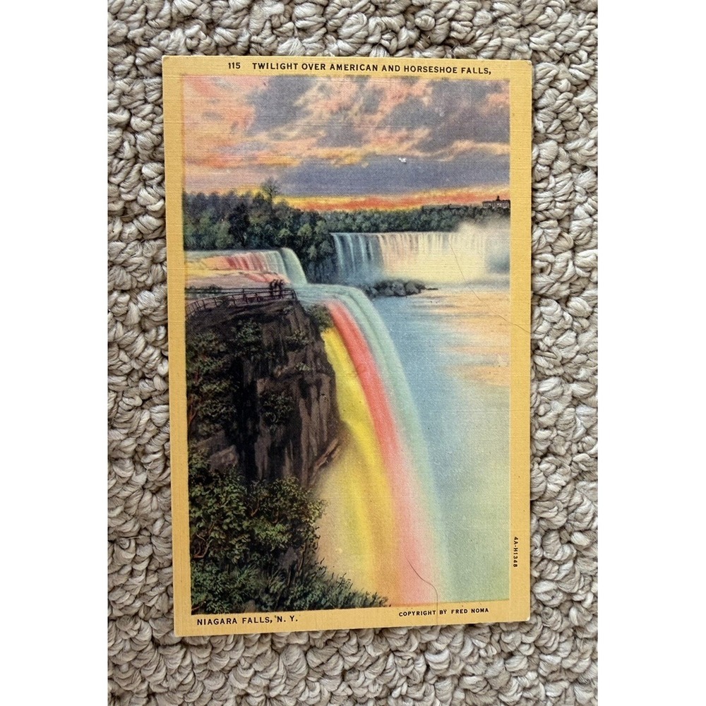 115 Twilight Over American and Horseshoe Falls Niagara Falls NY Vtg Postcard